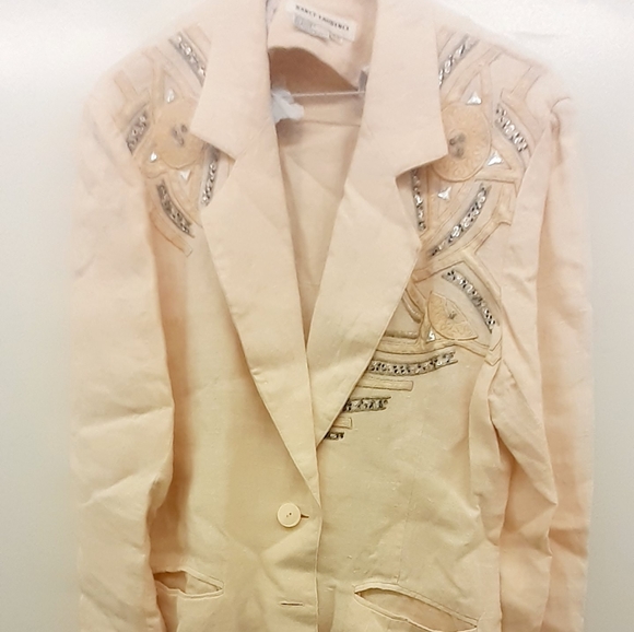 TRUE VTG 80's PINK Linen Blazer jeweled Jacket Nancy Laurence blazer size 9 / 10 - Picture 6 of 11